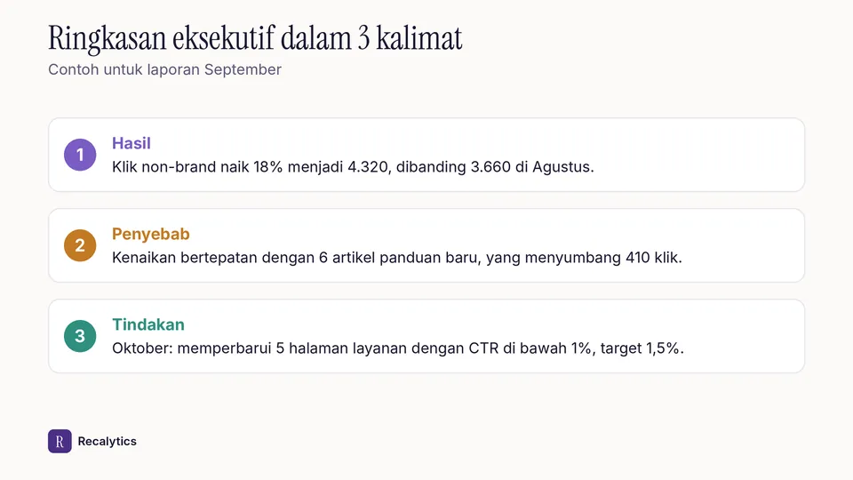 Contoh ringkasan eksekutif laporan SEO dalam 3 kalimat